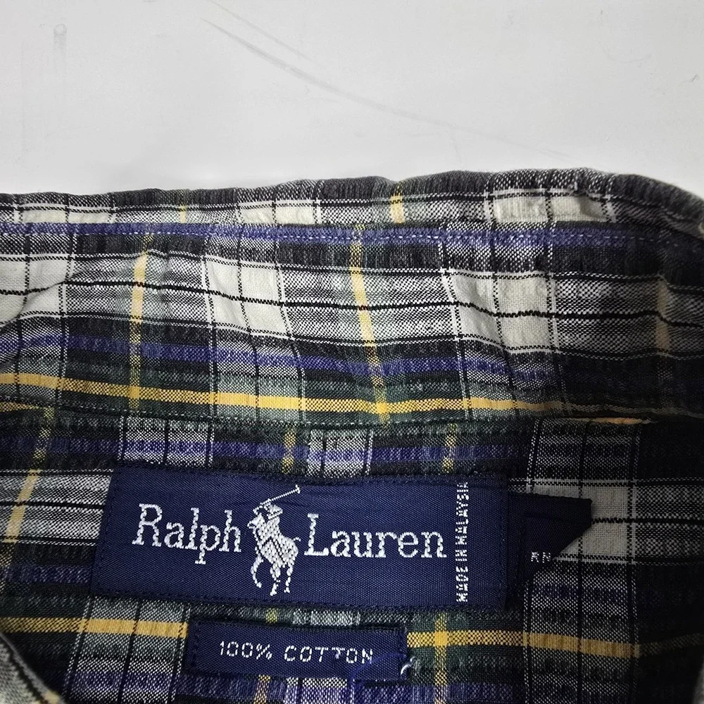VTG POLO RALPH LAUREN Men L Plaid SEERSUCKER Button-Up‎ Shirt GREEN PONY Golf